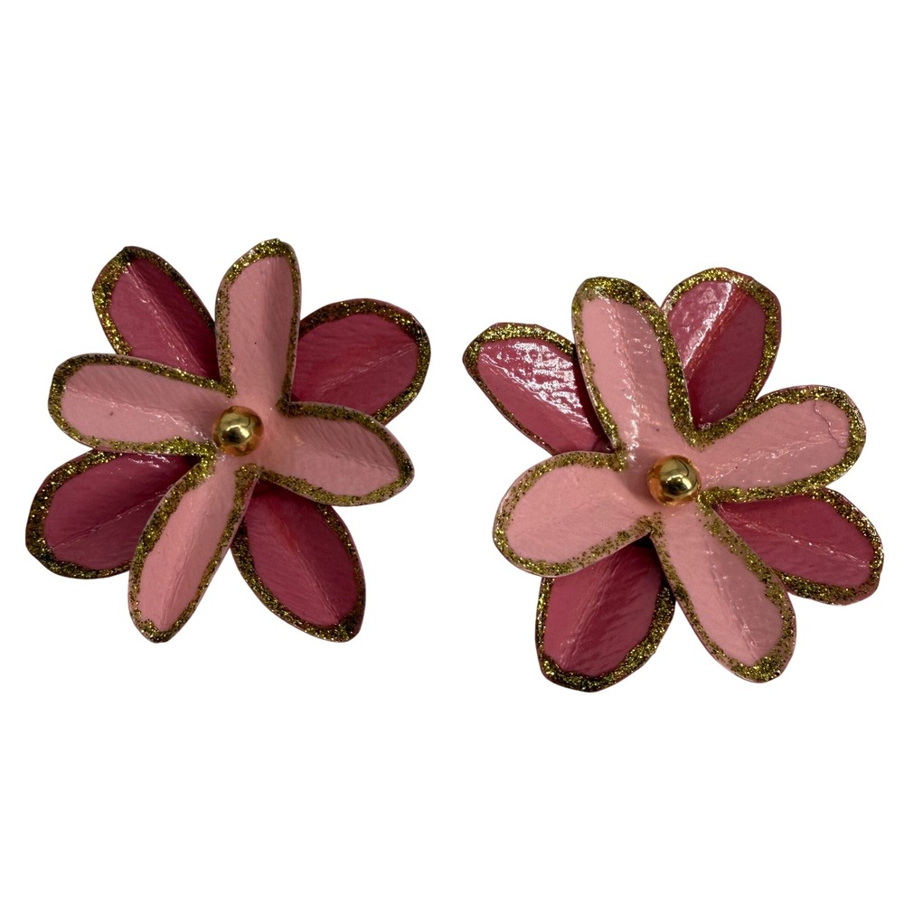 Vintage Paper Earrings Flower Stud Pink Gold Glitter Statement Floral Summer